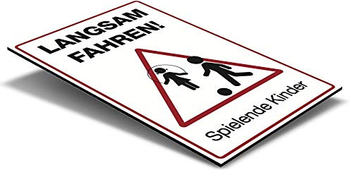(Weiß, Schild Alu-Verbund 400x600x4 mm) Text: Langsam Fahren ! Spielende Kinder (mit Piktogramm) / Hinweisschild, Warnzeichen, Warnschild, Spielstraße / Spielplatz - Vorsicht spielende Kinder