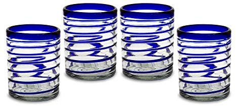 Juego de 4 vasos en espiral, azul, juego de cristal con diseño de espirales, vaso de agua hecho a mano, regalo para inauguración de la casa