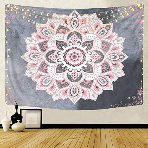 XCSLH Tapestry Wall Hanging,Psychedelische Grau Rosa Mandala Wandteppich Große Größe Hippie Wandteppiche Strand Tuch Teppich Yoga Matte Nordic Art Home Wand Hintergrund Zimmer Dekor, 180Cmx230Cm