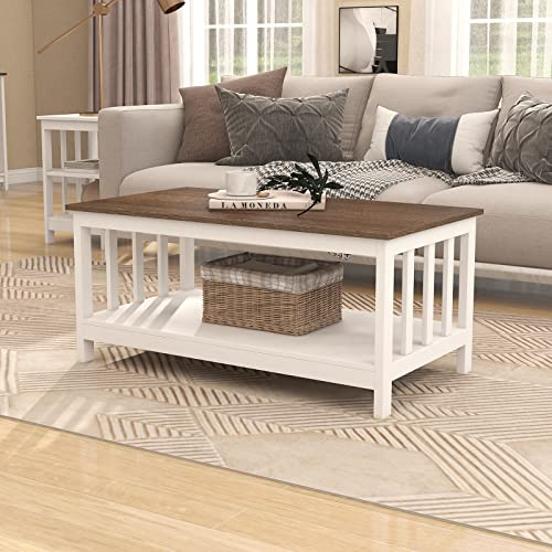 ChooChoo Farmhouse Coffee Table, White Living Room Table with Shelf, 40 Inch