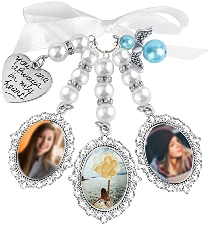 SAVITA 1 x Foto-Anhänger, Blumenstrauß, Hochzeit, mit 3 Fotorahmen, 3 ovalen Cabochons, Charm, Brautstrauß, Schmetterling, Strass, Perle, Anhänger in Form eines Hofes, für Brautdusche, Legierter