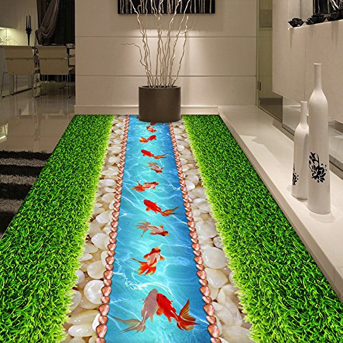MASTPOINT PVC selbstklebende Fußbodentapete grünes Gras Kieselsteine gold Fisch 3D Fliese Wandbild Wohnzimmer Bad wasserdichte Aufkleber