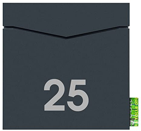 Design-Briefkasten anthrazit mit Zeitungsrolle inkl. großer Hausnummer, Postkasten mit Zeitungsfach, Wand-Briefkasten mit Beschriftung, wetterfest, rostfrei, Postbox