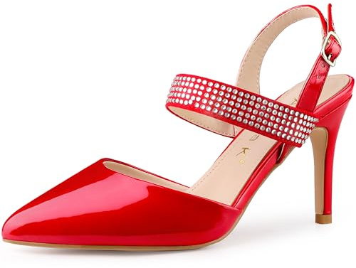 Allegra K Donna punta strass Slingback Tacco a spillo Décolleté, Rosso, 38 EU