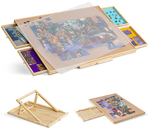 Tektalk tragbarer Holzpuzzletisch/Plateau/Board mit integriertem verstellbarem Ständer/Halterung, 4 Sortierschubladen, transparenter PP-Abdeckung für bis zu 1500 Stück