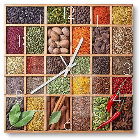 DEQORI Glasuhr | 30x30 cm | Motiv Gefülltes Gewürzregal | ausgefallene leise Design Uhr aus Glas | Wanduhr für Wohnzimmer & Küche | Moderne Hingucker Uhr für die Wand