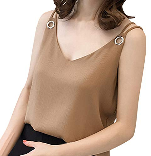 IQYU Camiseta de tirantes para mujer, larga, de verano, de gasa, elegante, sin mangas, con cuello en U, sin mangas, para verano, para playa, blusa, espagueti, top de gasa, caqui, XXXL