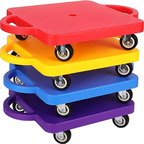 Jerify 4 Pieces Sports Scooter Board Bulk Sitting Board with Handles Plastic Casters Sport Flat Scooter for Kids Children Gym Indoor Outdoor Activities Play Equipment (Colorful)