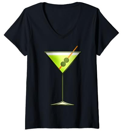 Martini Glass Green Olive Bartender Vodka Gin Cocktail Drink V-Neck T-Shirt