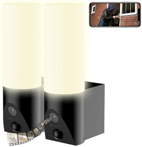 VisorTech Lampe mit Kamera: 2er-Set LED-Außenwandleuchten & WLAN-2K-Kamera, PIR, Nachtsicht, App (LED Lampen mit Bewegungsmelder, Überwachungskamera WLAN außen, Überwachungscamera)