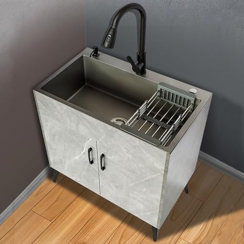 Lavatoio con Mobile,Lavello Cucina,Lavabo Lavanderia Acciaio Inox In Vasca Singola,Lavandino da Esterno Giardino,Sottolavello da Cucina con Rubinetto,per Esterni ed Interni Ristorante Garage Giardino