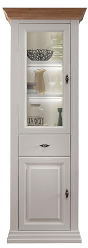 Lomadox Vitrine Vitrinenschrank inkl. LED-Beleuchtung, Kiefer weiß mit Eiche, Massivholz, montiert