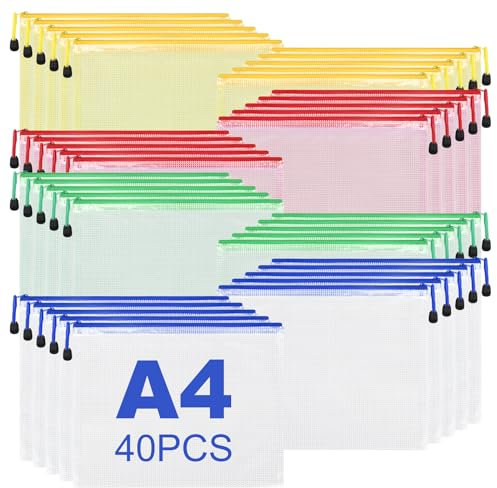 40 Stücke Dokumententasche A4 Reißverschluss Mesh Kunststoff Reißverschlusstasche, Datei Taschen mit Reißverschluss A4, Zipper Beutel für Datei, Dokumente, Hausaufgaben und Reisezubehör（4 Farben）