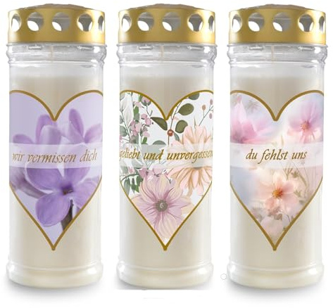 Kimiza 3er Set Gedenkkerze, Grabkerze, Brenndauer ca. 7 Tage (Blume)