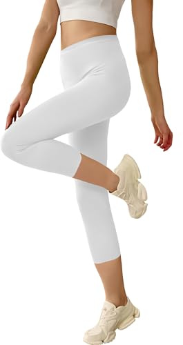 Geyuwoz Damen Leggings 3/4 Capri Algodón con Elastano Cintura Alta Opacos Leggings Deportivas Ideal para Yoga Deporte Ocio y Viajes Blanco L