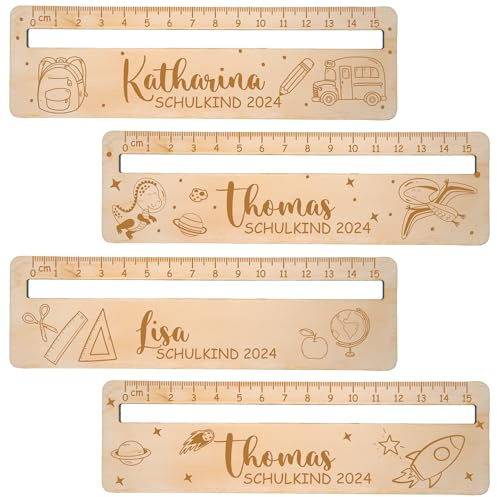 Personalisiertes Lesehilfe mit Lineal aus Holz - 15 cm Lineal mit Namen & süßen Motiven wie Dino, Bär - Geschenk zur Einschulung 2026 für Jungen & Mädchen - Schultüten-Füllung Idee, Schulanfang