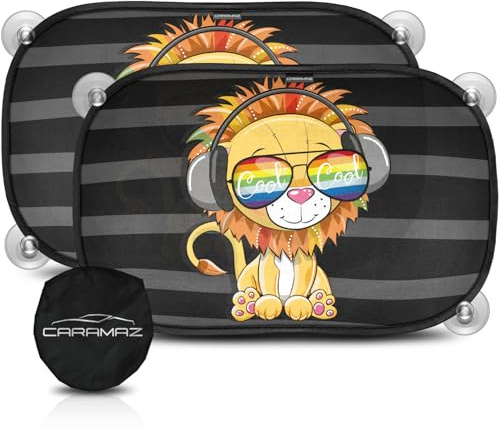 Parasol Coche con protección UV certificada Óptima Oscuridad - Autoadhesivo, para Proteger del Sol a bebés y Mascotas, 2 parasoles para bebé de 51x31 cm, Diseño León