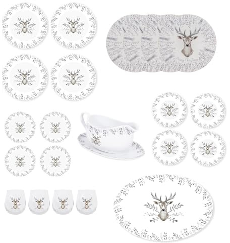 YöL Christmas Tableware Set For 4 Silver Stag Design Festive Table Decoration Dinner Plate, Side Plate, Bowls, Placemats - 22pc