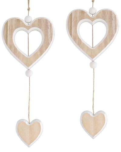 OCCOUMR 2 Stück Herz Anhänger aus Holz, Fensterdeko Hängend | für Hochzeit, Valentinstag, Wohnzimmer & Außendekoration – Romantische Holzdekoherzen (35cm)