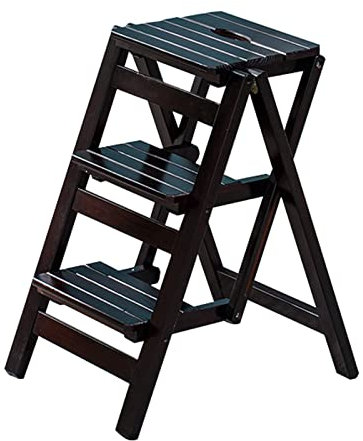 Escabeau pliable en bois massif avec 3 marches multifonctionnel pour la maison, la cuisine et le bureau, couleur noire, design robuste et élégant pour un rangement et une utilisation faciles