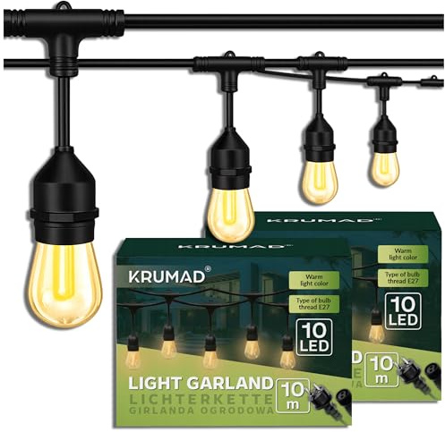KRUMAD LED Lichterkette Außen 20 Meter, E27 Glühbirnen Warmweiß 2700K, Wetterfest, Lichterkette Outdoor IP44 für Garten Balkon Terrasse, Gartendeko für Draußen, Party Deko Beleuchtung