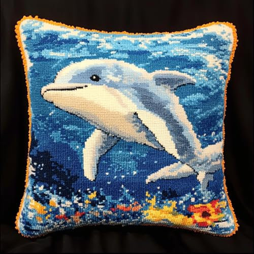 ASONGLINGO Knüpfkissen Set Erwachsene, Cartoon-Delfin Latch Hook Kissen Kit,DIY Knüpfhaken-Set Knüpfkissen Zum Selber Knüpfen,Knüpfen Kissen Set 43x43cm