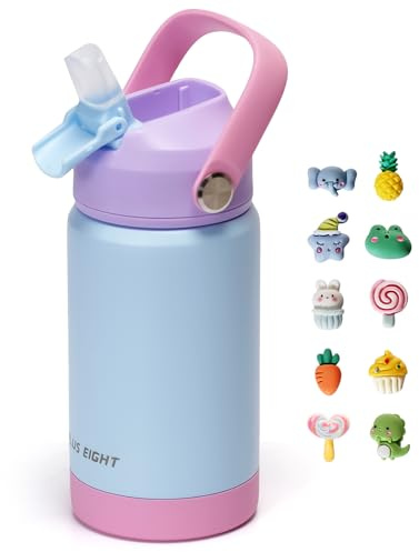 pluseight Bouteille d'eau isotherme pour enfants avec couvercle à paille, 350 ml, gobelet sous vide à double paroi sans BPA en acier inoxydable 18/8 anti-fuite avec paille pour enfants, pour l'école