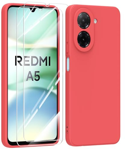 MIKULLE Silikonskal för Xiaomi Redmi A5 4G med 2 skärmskydd av härdat glas, ultratunt pastellfärg mjukt TPU silikon stötskydd skydd - röd