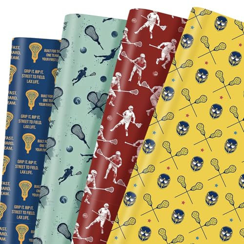 Pineraap Lacrosse Wrapping Paper 12 Sheets Lacrosse Mesh, Helmet, Silhouette Designs Gift Packing Paper for Lacrosse Players, Coaches, Fans, 20×28