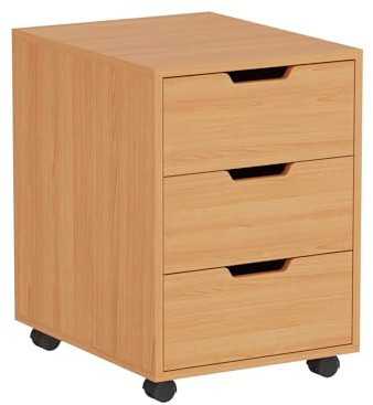 Bürocontainer mit 3 Schubladen, Rollcontainer unter Schreibtisch,Büroschrank für Dokumente, auch als Druckertisch, mobiler Aktenschrank aus MDF (Nicht Abschließbar, Buche)