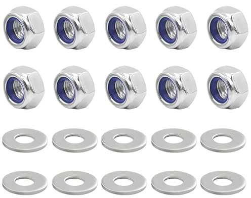 10 Stück Muttern M10 Edelstahl A2 V2A, DIN985, mit 10 Stück Unterlegscheiben M10 Edelstahl, Selbstsichernde Muttern Set Sicherungsmuttern Sechskantmuttern Stoppmutter
