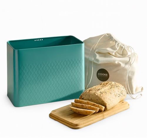 Cooks Professional Bread Bin with Linen Bag & Bamboo Cutting Board Lid | Modern & Stylish Diamond Pattern | Breathable Rectangular Countertop Food Storage Canister for Loaves, Rolls, Pastries | Teal
