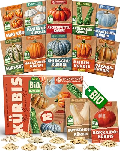 ZenGreens® - Set de semillas de calabaza eco - 12 variedades para cultivar fácilmente en el jardín, balcón o parterre elevado - Sementes verduras