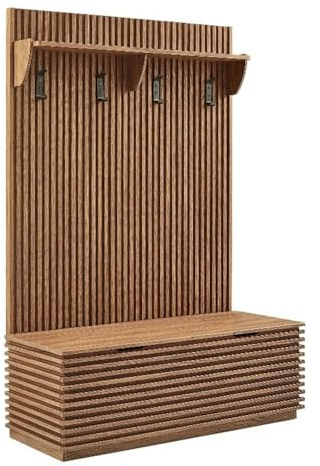 Modway Render 3-in-1 Hall Tree in Walnut with Fluted Storage Bench and Coat Rack – 2-Piece Entryway Storage Set with Hooks, Shelf, and Bench