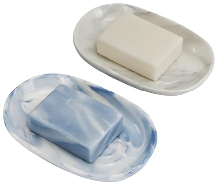 MAIJIAJU 2Pcs Ceramic Soap Dish, Marble Oval Soap Holder, Grey And Blue | Drain Grooves Keep Soap Dry, Anti Slip Base, Smooth Ceramic Easy Clean, Bathroom Shower Kitchen Sink, Elegant Marble Decor