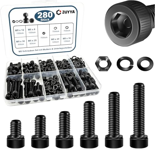 Zuyya 280 Stück M5 Schrauben Set, Zylinderkopfschrauben Set | Innensechskant Schrauben Schwarz, Maschinenschrauben Kohlenstoffstahl, Gewindeschrauben Set mit Muttern und Unterlegscheiben