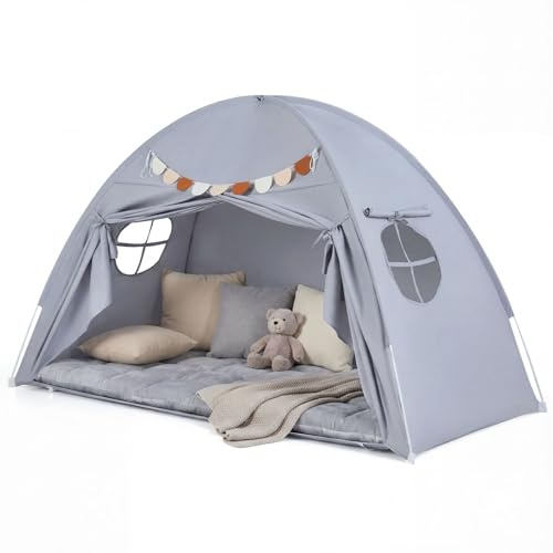 Costzon Toddler Bed Tent, Twin Size Indoor Canopy Tent for Kids w/ 2 Windows, Flag Banner, Brushed Fabric Privacy Playhouse, Portable Play Tent for Bunk Bed, Playroom, Suits 3+ Boys & Girls (Grey)