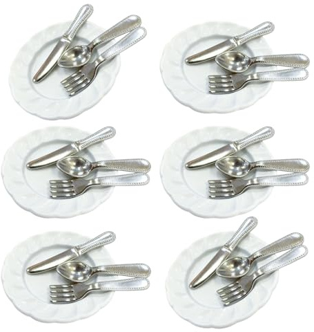 Zkydhbd Set di 6 posate in miniatura per scala 1/12 per casa delle bambole sala da pranzo scenografia realistica utensili da cucina modello statuetta taglierina in miniatura forchetta cucchiaio piatto