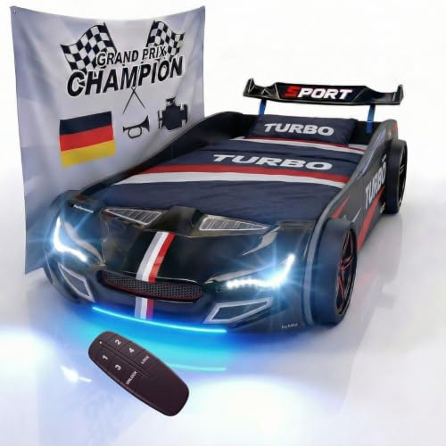 Coemo Autobett GTE Kinderbett 90x200 Rennwagenbett, Farbe Schwarz | Sound Hupe Motor, LED-Leuchte Bett Sportwagen-Design Spoiler, Rennwagen Design, Racing-Aufklebern und markanter Fahrzeugfront