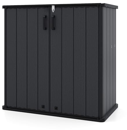 RELAX4LIFE Armadio da Esterno Basso 0,78㎡, 665 L Casetta in Plastica Porta Attrezzi, Capanno Impermeabile con Tetto Drenante, 2 Ante Bloccabili, per Giardino e Balcone, 120 x 65 x 117 cm (Nero)