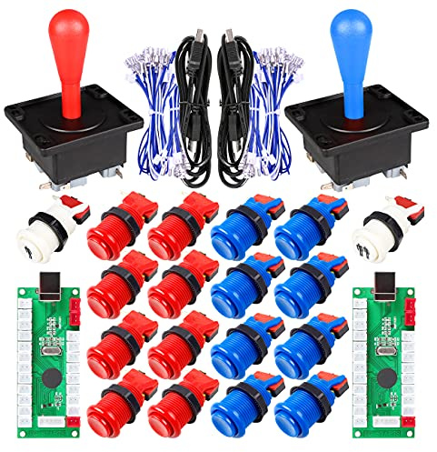 EG STARTS Arcade Spiel DIY-Teile für Mame USB Cabinet 2x Null Verzögerung USB Encoder + 2x 8-Wege-Klassiker Arcade Joystick + 18x Arcade-Taster 1p / 2p Start Push Button Blau + Rot Farbkits