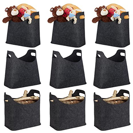 Relaxdays 9er Set Filztaschen, faltbar, flexibel, Griffe, 20 Liter, Filz, Tragetasche, HxBxT: 39,5 x 40 x 23 cm, modern, anthrazit