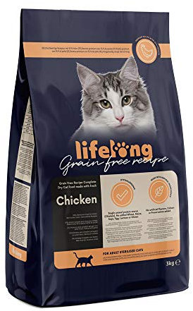Amazon-Marke: Lifelong - Katzenfutter für ausgewachsene Katzen, Fein zubereitetes Trockenfutter mit frischem Huhn, Getreidefreie Rezeptur, 3 kg (1er-Pack)