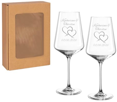 laser-diele Leonardo Weingläser mit Gravur - Zwei Herzen - Personalisiert mit Namen und Datum - Hochzeitsgeschenk für das Brautpaar - 560ml Puccini
