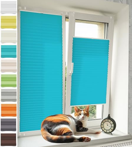 Vkele Plissee ohne Bohren Klemmfix – Faltrollo Jalousie Blau 70x120cm(BxH), Lichtdurchlässig & Blickdicht, Sonnenschutz & Sichtschutz, Easyfix Rollo für Fenster & Tür
