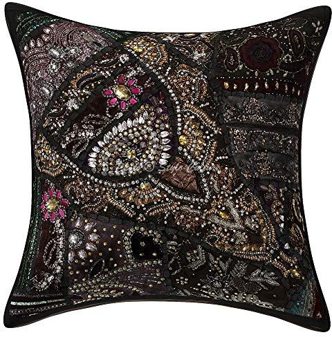 Stylo Culture Boho Fundas De Almohadones Decorativa 40x40 cm Algodón Bordado Forros para Cojines Sofa Negro 16x16 Inch Patchwork De Cuentas Cuadrado sobre Fundas De Almohadones para Cama - 1 Pc
