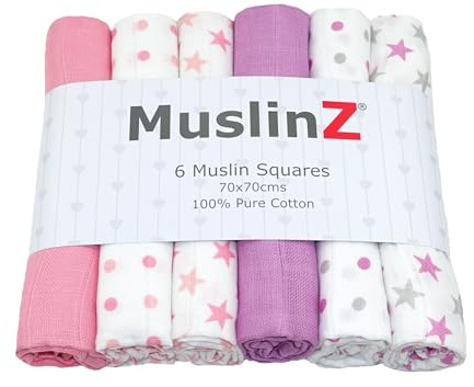 MuslinZ Muslinfyrkanter – muslindukar för baby – rapdukar för baby – 6-pack muslinser – stor 70 cm – bomull – absorberande och andningsbar – dukar för nyfödda (ljusrosa och violett blandning)