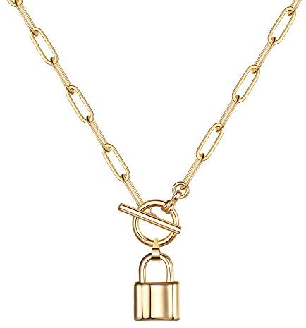 MONOZO Lock Necklace for Women, 14K Gold Filled Padlock Lock Pendant Chain Necklace Girls Dainty Layered Lock and Key Choker Necklace Jewelry for Men