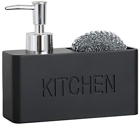 zhanwang Distributeur de savon avec porte-éponge, rechargeable, pour ranger et organiser le savon, la lotion et pour la décoration de cuisine, 16,51 x 5,46 x 14,47 cm, capacité : 200 ml, noir