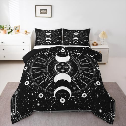 Erosebridal Sun Moon Comforter Set Full,Stars Space Psychedelic Duvet Set Black White Sun and Moon Bedding Set for Kids Boys Teens Men Hippie Twelve Constellation Down Comforter 3Pcs,Microfibre